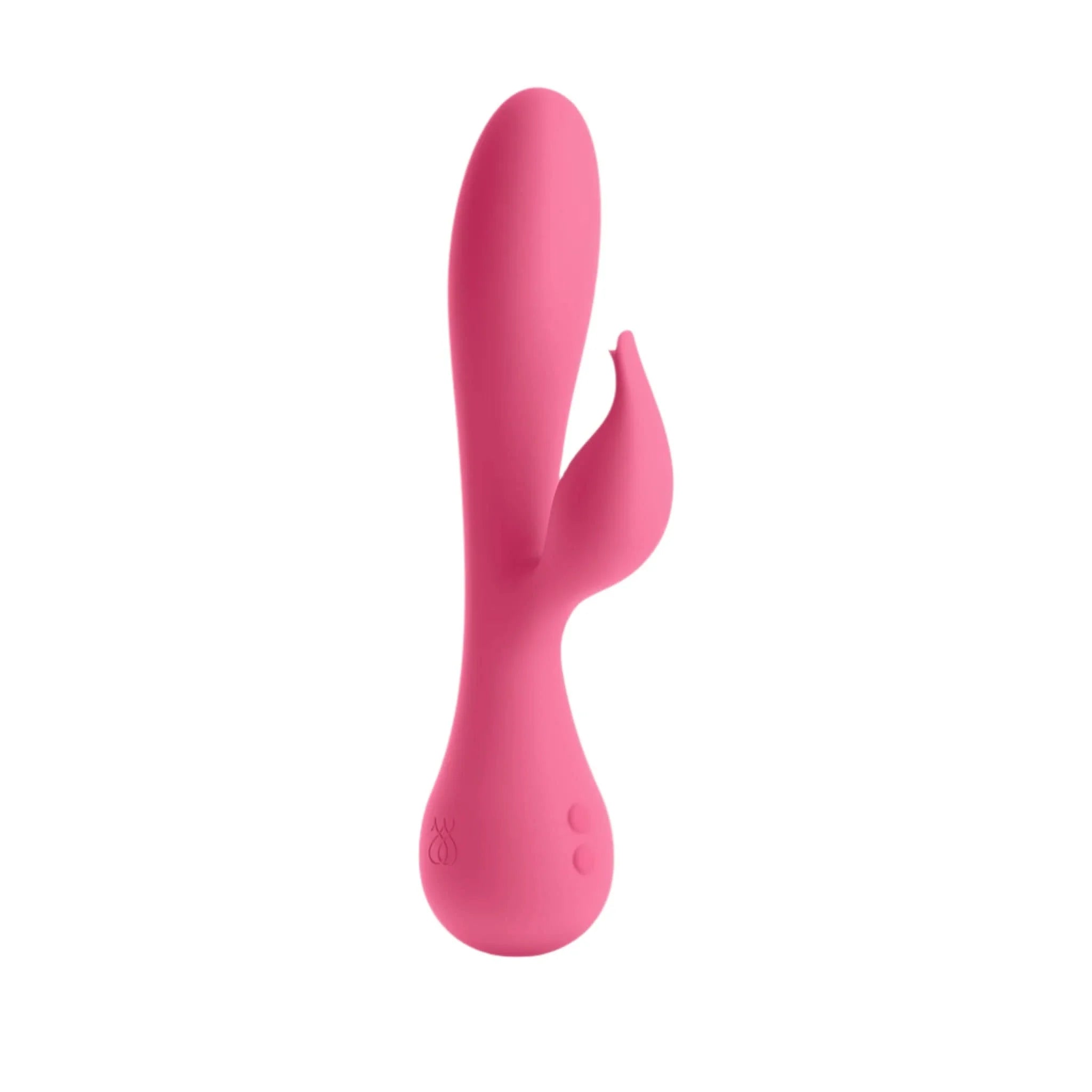 The JIMMYJANE® Glo Rabbit boasts a pink silicone build, a curved shaft for G-spot stimulation, and a petite clitoral stimulator to enhance pleasure.