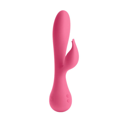 The JIMMYJANE® Glo Rabbit boasts a pink silicone build, a curved shaft for G-spot stimulation, and a petite clitoral stimulator to enhance pleasure.