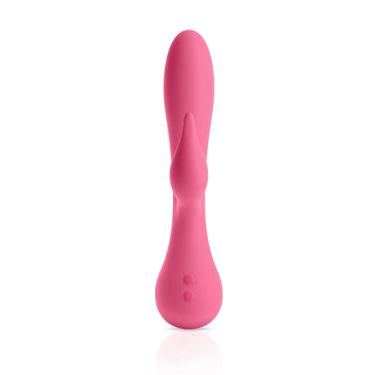 The JIMMYJANE® Glo Rabbit is a pink silicone vibrator with a smooth, curved design for g-spot stimulation and two raised buttons at the base.