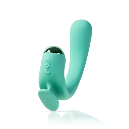 The JIMMYJANE® Reflexx™ Gripp™ 2 is a teal silicone vibrator featuring a curved shaft for G-spot pleasure, an external clitoral stimulator, and convenient side control buttons.