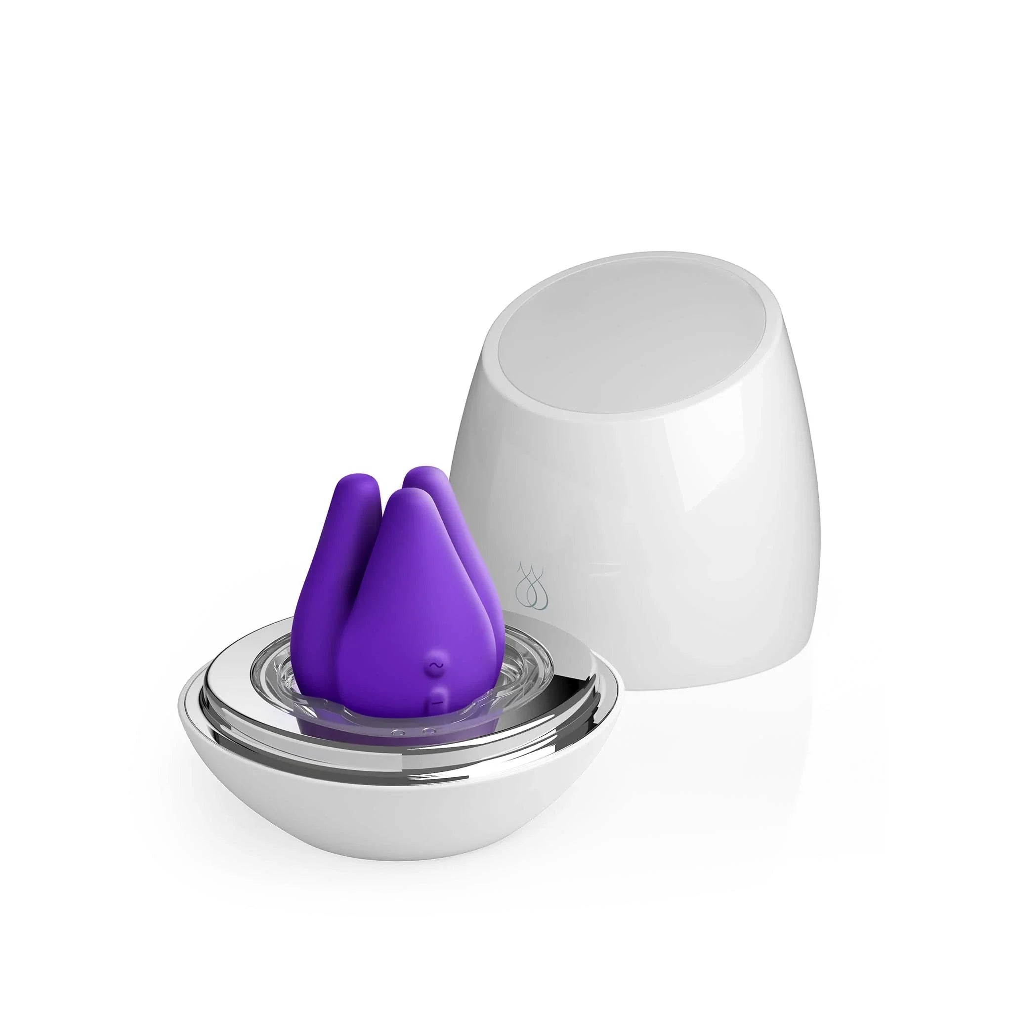 The JIMMYJANE® Pure UV Adult Toys Sanitizer and Love Pods™ Tre Clitoral Vibrator Bundle features a purple silicone device with a rounded white base and matching white cover, shown on a white background. Includes UV sanitizing for added cleanliness.