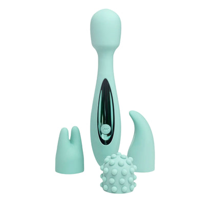 The JIMMYJANE® Canna™ Electric Massager is a light teal wand vibrator with a powerful motor, pictured with three interchangeable textured attachments in front.