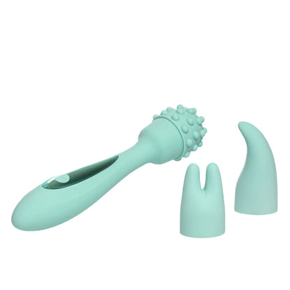 The JIMMYJANE® Canna™ Electric Massager is a teal wand vibrator with a powerful motor and two interchangeable silicone attachments, shown on a white background.