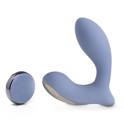 The JIMMYJANE® Neptune 2™ with Remote, a blue silicone prostate massager with a curved design, is shown next to its round wireless remote.