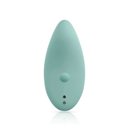 The Ascend 3® by JIMMYJANE® is a teal silicone, leaf-shaped device with a smooth surface and three small buttons near the base, featuring a flexible design for enhanced clitoral stimulation.
