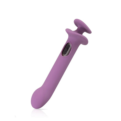 The JIMMYJANE® Chroma™ Sleeve 2 in purple, crafted from flexible silicone, features an ergonomic finger-holder and rounded end with a side button, displayed on a white background.