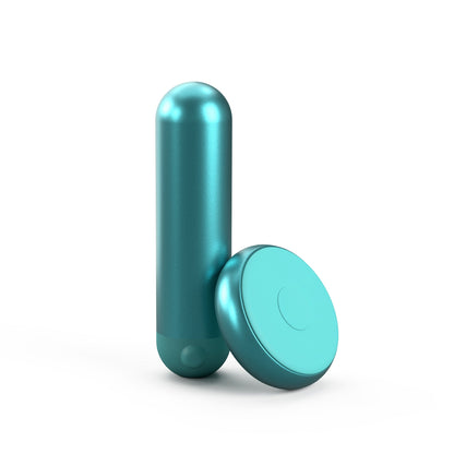 The JIMMYJANE® Chroma™ Mini with Remote, a teal-colored aluminum bullet vibrator, is shown beside its matching round remote on a white background.