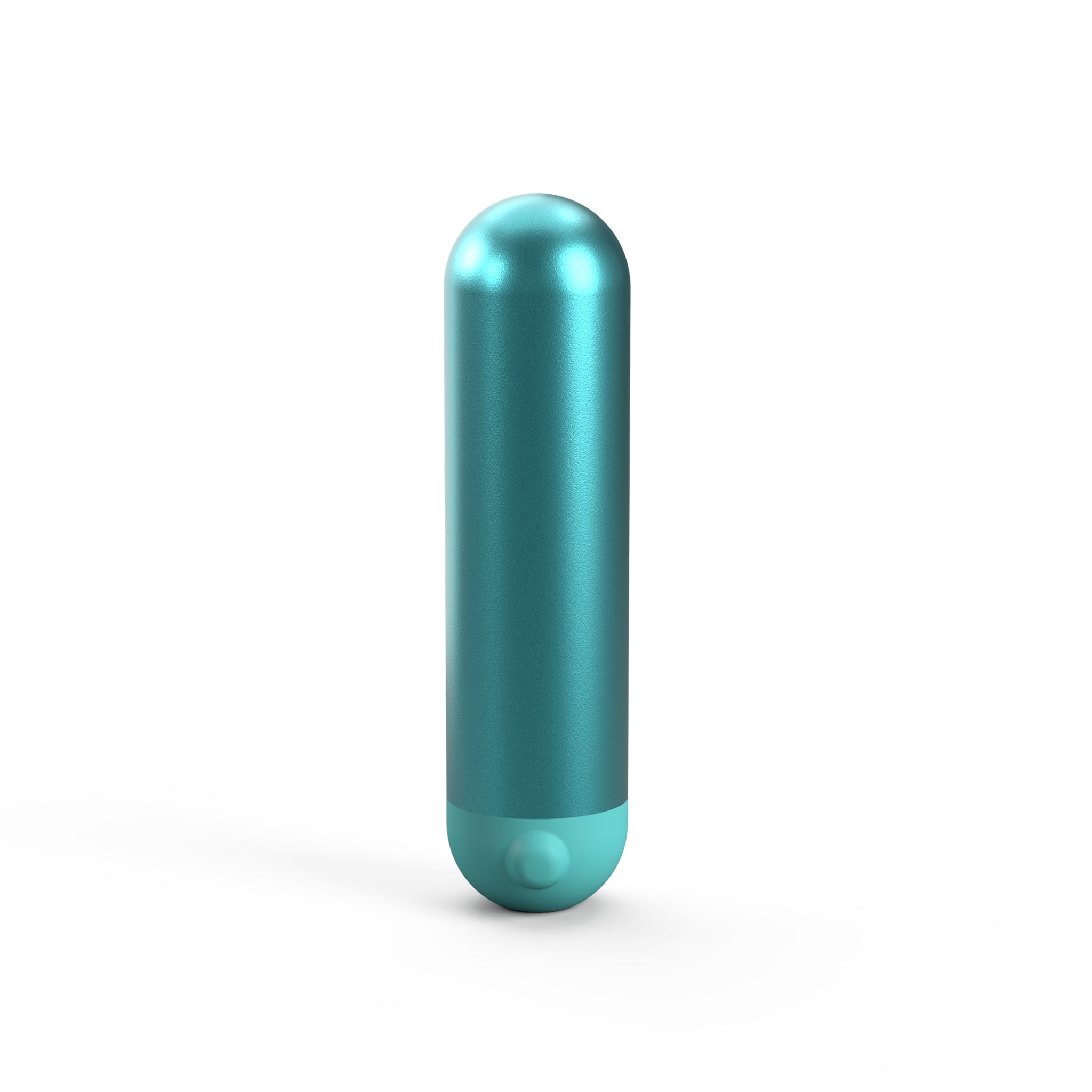 The JIMMYJANE® Chroma™ Mini with Remote is a compact, metallic teal aluminum bullet featuring a rounded top and flat base, standing upright.