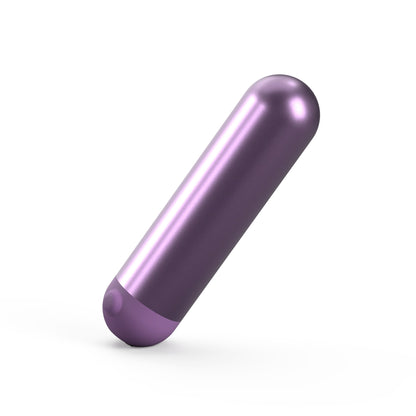 The JIMMYJANE® Chroma™ Mini with Remote, a metallic purple aluminum bullet with a rounded tip, stands upright on a white background.