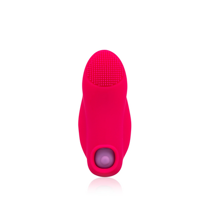 The JIMMYJANE® Chroma™ Mini Sleeve 2 is a bright pink silicone facial cleansing brush with textured bristles, a rounded base, and a waterproof silicone sleeve, displayed on a white background.