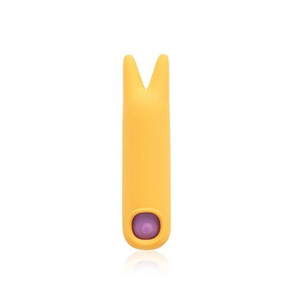 The JIMMYJANE® Chroma™ Mini Sleeve 3 is a yellow silicone sleeve with two top prongs and a purple button, made for the Mini Chroma™ bullet vibrator. Displayed against a white background.