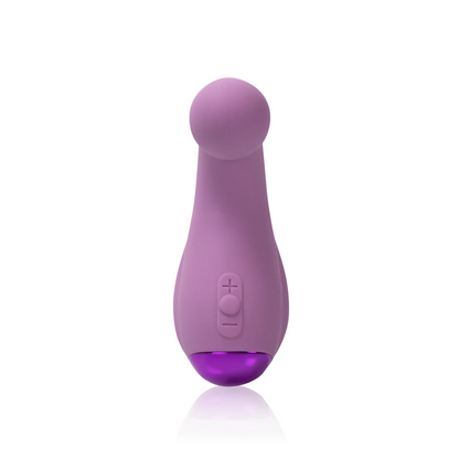 The Curved Gripp™ by JIMMYJANE® is a compact, purple silicone personal massager with a rounded tip and front control buttons, ideal for targeted clitoral stimulation.