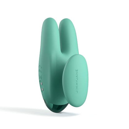 The JIMMYJANE® Form 2 Gripp™ is a teal, flexible silicone vibrator with dual prongs and versatile vibration functions, shown against a white background.