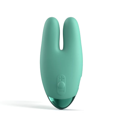 A teal JIMMYJANE® Form 2 Gripp™ personal massager with two prongs, flexible silicone design, and front control buttons, shown isolated on a white background.