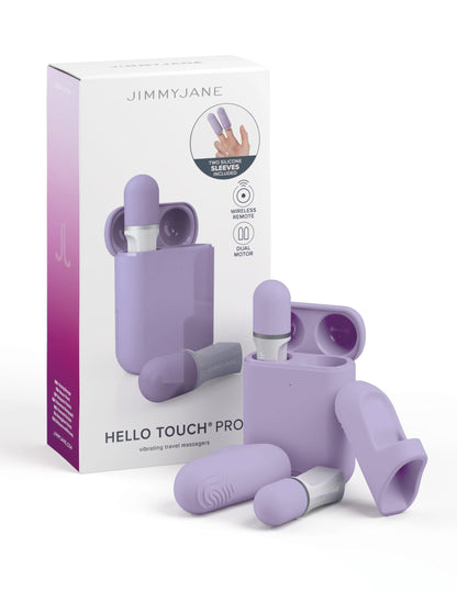 JIMMYJANE® Hello Touch® Pro finger vibrators kit with ergonomic design, two sleeves, a rechargeable travel case, and product box shown in the background.