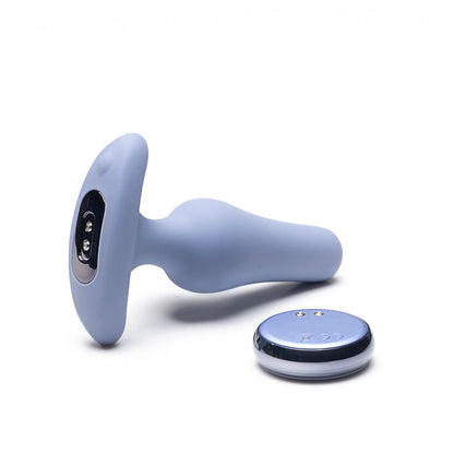 The JIMMYJANE® Dia® with Remote, a blue vibrating plug offering seven modes and a remote control, is displayed on a white surface.