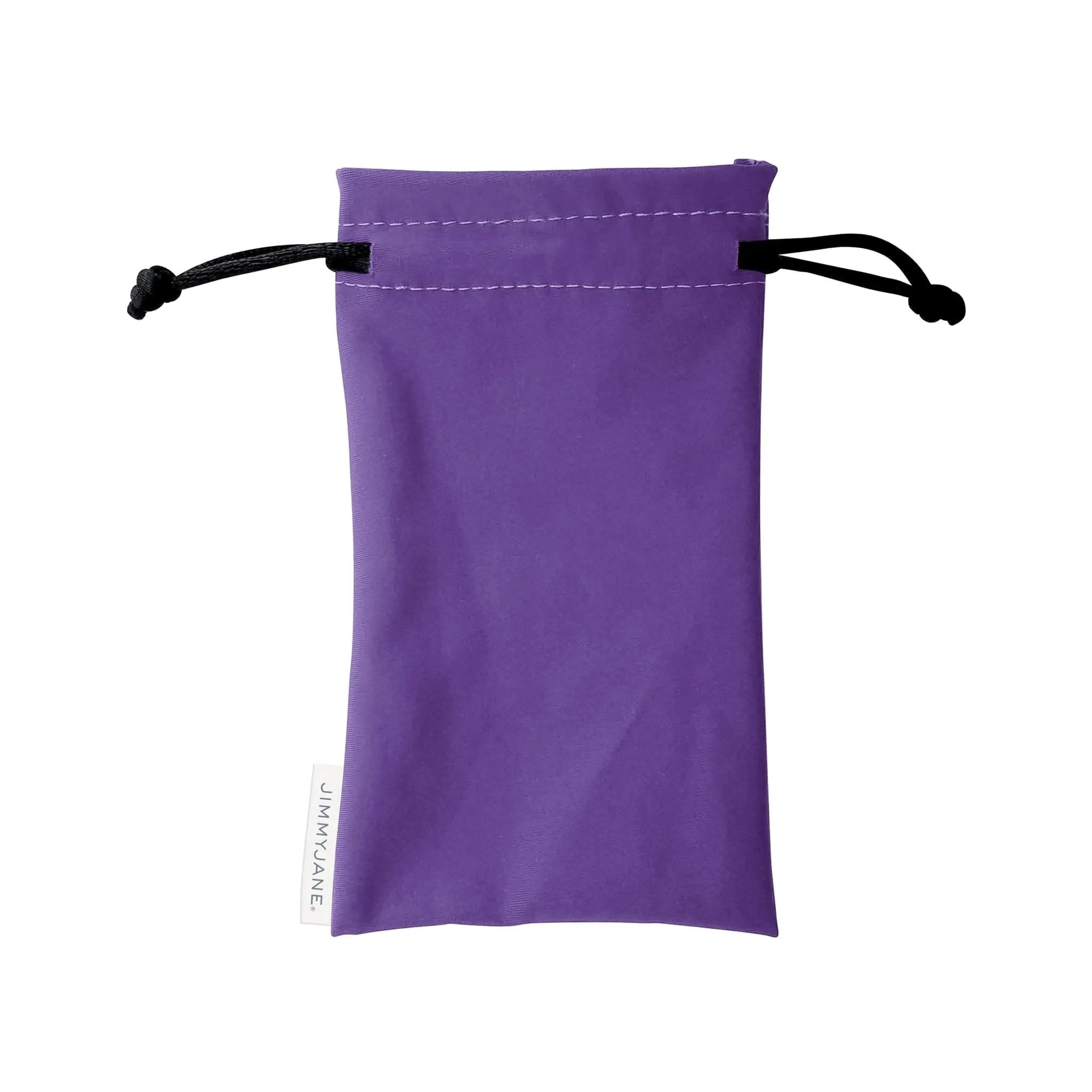 A purple drawstring pouch with black strings and a white side label, ideal for storing JIMMYJANE® Purple Intimate Care Menstrual Cups made from FDA-cleared silicone.