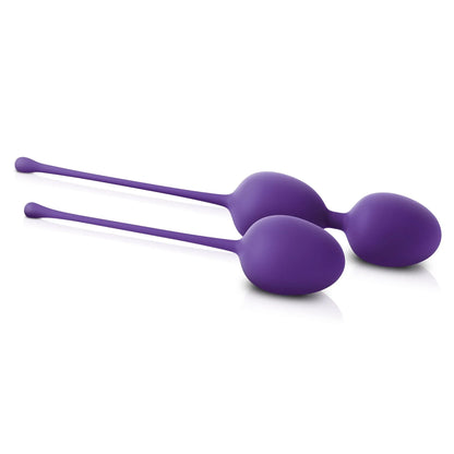 The JIMMYJANE® Purple Intimate Care Kegel Trainer Set features two purple silicone balls with long handles, designed to strengthen pelvic muscles and enhance intimate wellness.