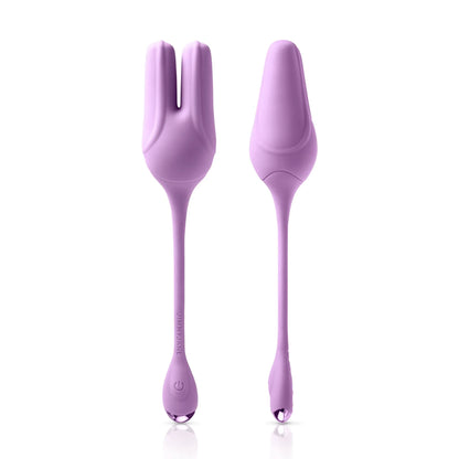 The JIMMYJANE® Form 2® Kegel Trainer includes two purple silicone massagers with long handles—one with a split tip and one with a flat, tapered tip—to help strengthen pelvic floor muscles.