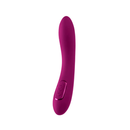 The JIMMYJANE® Solis™ Form 6® is a purple silicone vibrator with an ergonomic, curved design and handle control buttons that delivers stereophonic vibrations. Shown on a white background.