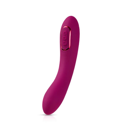 The JIMMYJANE® Solis™ Form 6® is a pink, curved personal massager with ergonomic design and button controls, providing stereophonic vibrations.