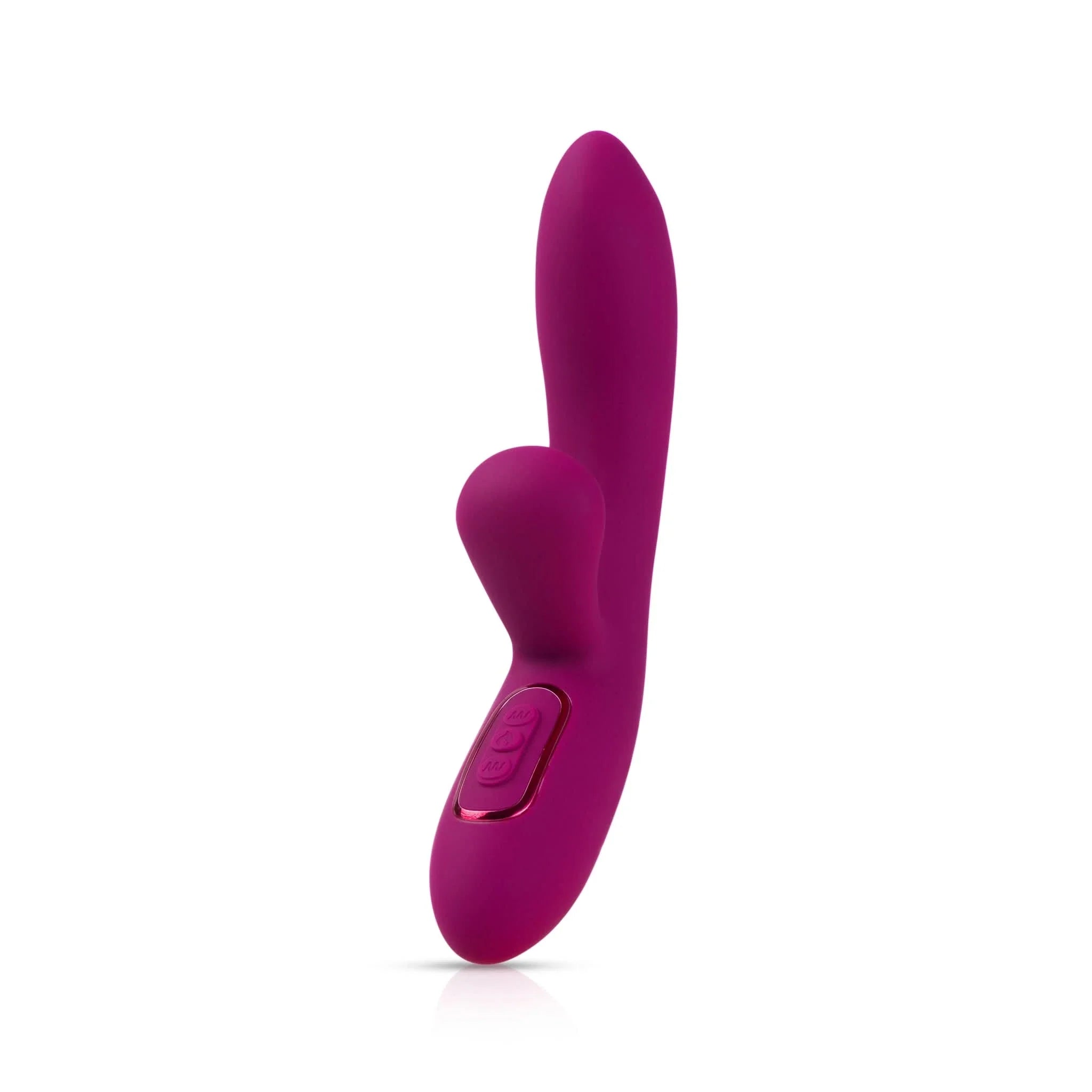 The JIMMYJANE® Solis™ is a purple silicone Rabbit vibrator with a curved design and handle button control, delivering stereophonic vibrations, shown on a white background.