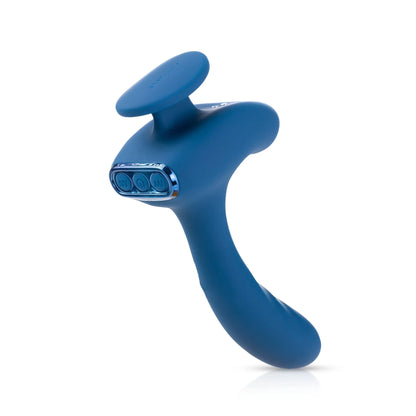 The JIMMYJANE® Solis™ Kyrios is a blue ergonomic prostate massager with dual motors, control buttons, and a curved handle, shown on a white background.