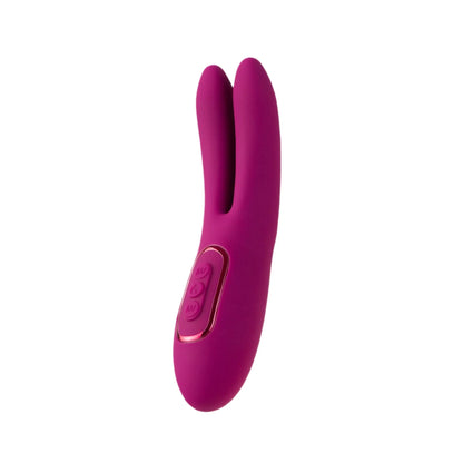 The JIMMYJANE® Solis™ Ascend 2® Pro is a purple silicone vibrator with flexible dual ears and handle controls for intense stimulation, shown on a white background.