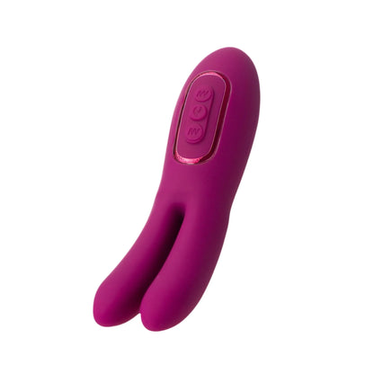 The JIMMYJANE® Solis™ Ascend 2® Pro is a purple silicone vibrator with a flexible dual ear design, three control buttons, and two prongs for intense stimulation, shown isolated on a white background.