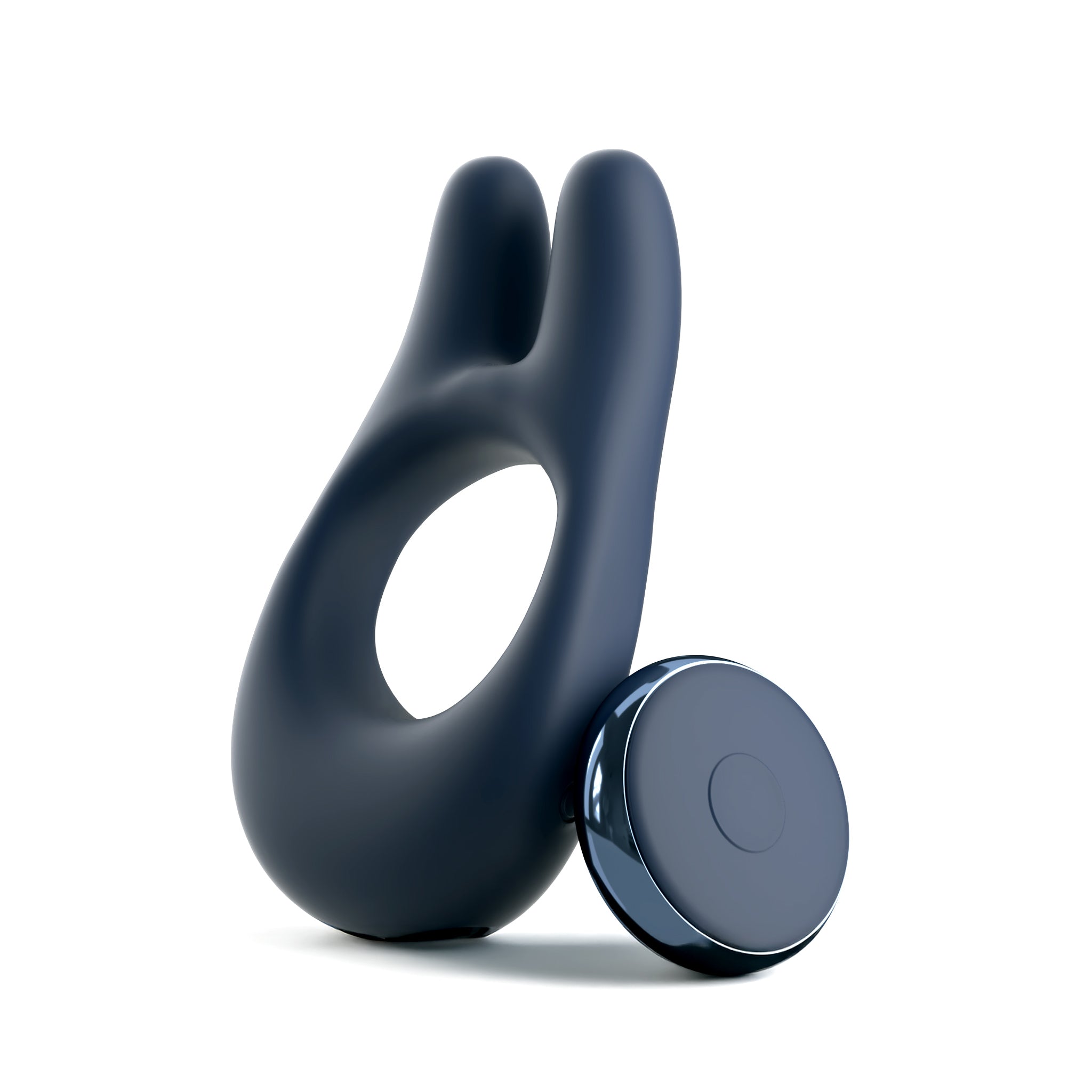 The JIMMYJANE® Deimos™ with Remote, a black vibrating silicone c-ring, is shown on a white background, designed to enhance couples’ play and deliver satisfying clitoral stimulation.