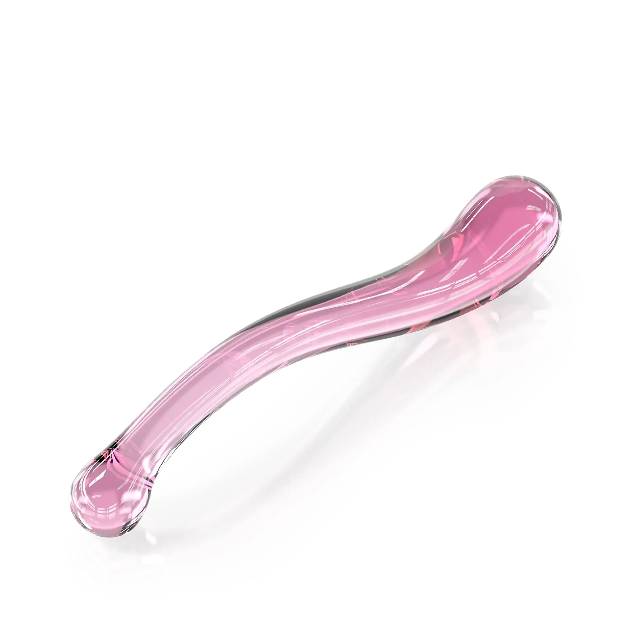 The JIMMYJANE® Gama 9-inch is a pink and clear curved glass dildo with rounded ends, made from borosilicate glass, shown on a white background.