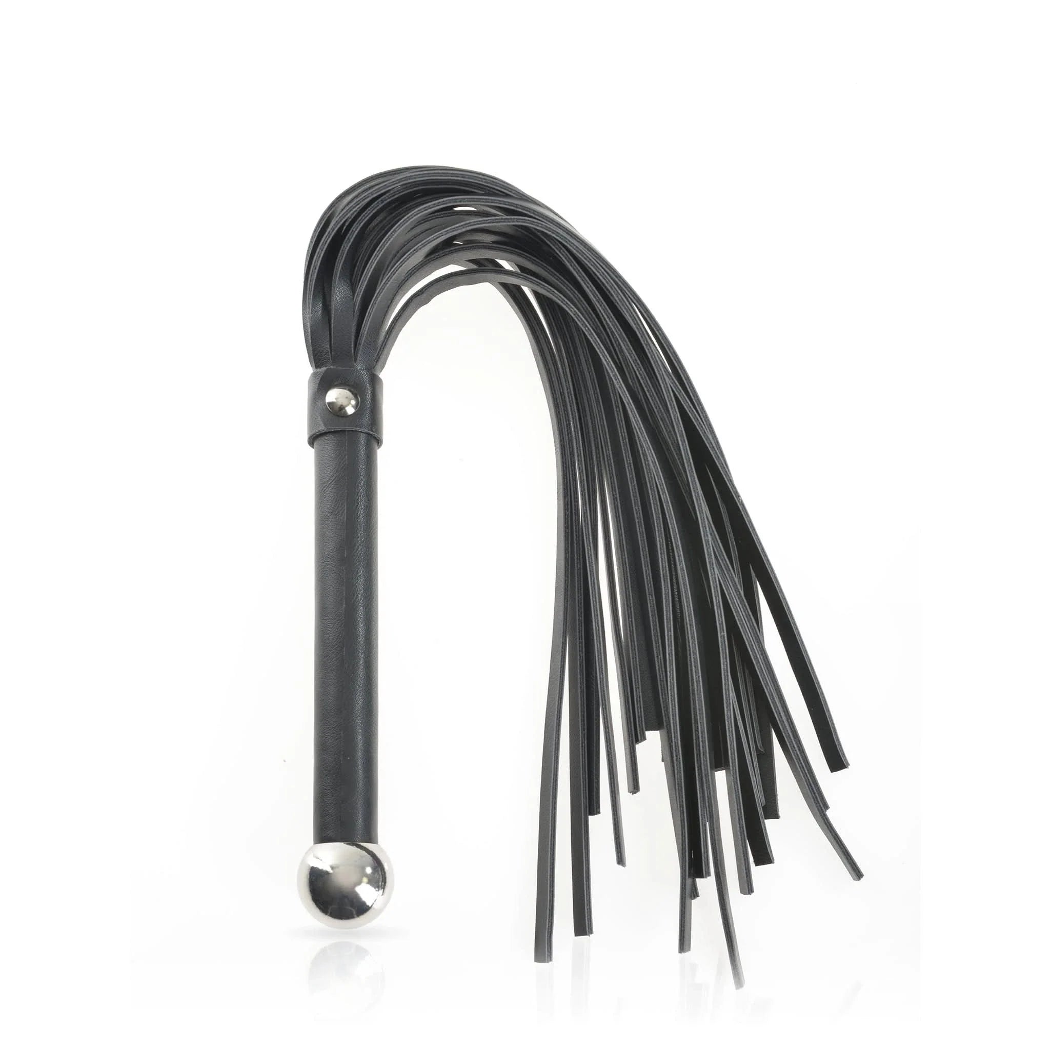 The JIMMYJANE® 7-Piece Bondage Set features a black vegan leather flogger with a silver metal handle, perfect for enhancing any couples experience.