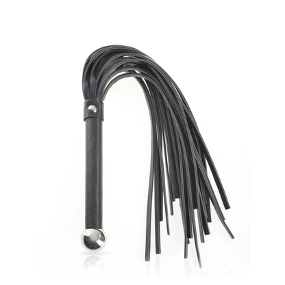 The JIMMYJANE® 7-Piece Bondage Set features a black vegan leather flogger with a silver metal handle, perfect for enhancing any couples experience.