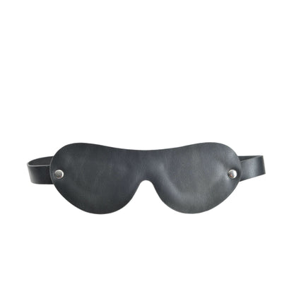 The JIMMYJANE® Bondage Mask is a black vegan leather eye mask with a strap and metal studs on each side, ideal for couples’ play.