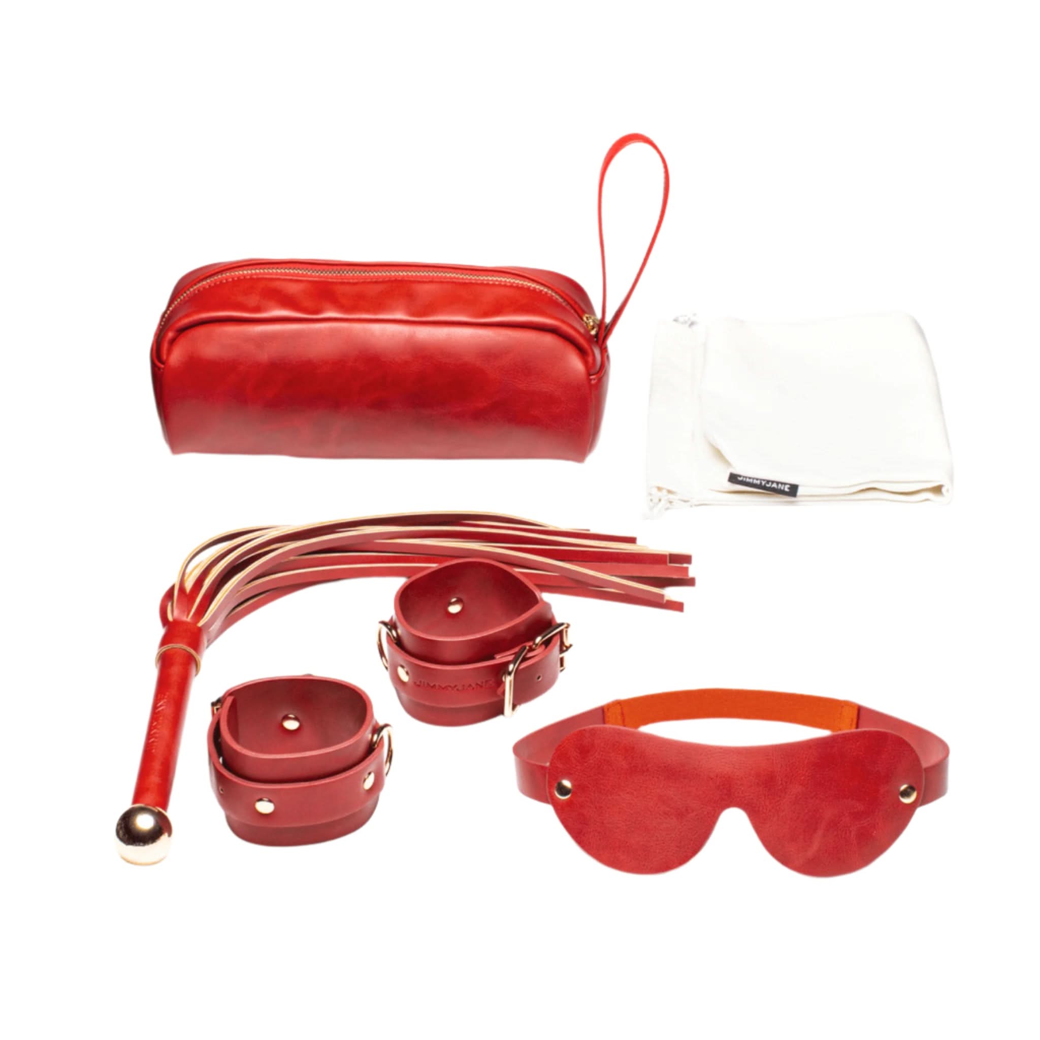 The JIMMYJANE® 4-Piece Bondage Set features a red vegan leather pouch, wrist cuffs, blindfold, and flogger—ideal for couples play. Includes a white cloth bag. Shown on a white background.