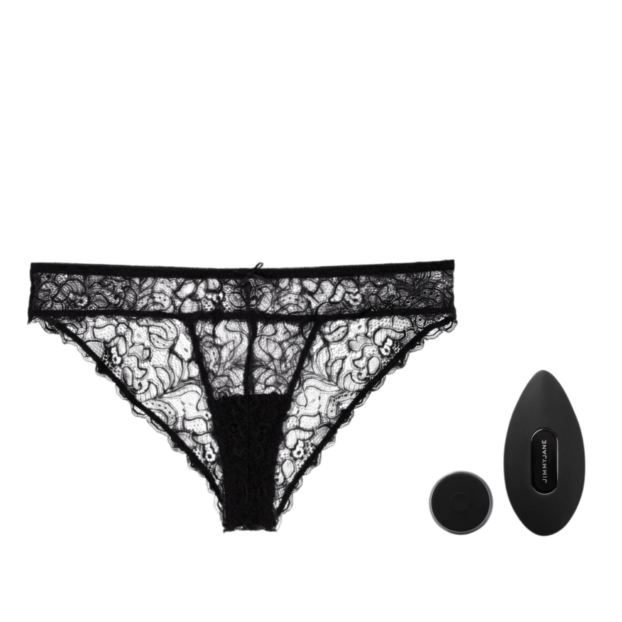 JIMMYJANE® Ascend 3® Black Bullet Vibrator and Carpo™ Vibrating Panties Bundle shown with sleek black remote on a white background.