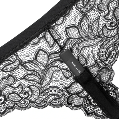 Close-up of the Starla Black Bullet Vibrator and Tyro™ Vibrating Panties Bundle by JIMMYJANE®, showing black sheer stretch lace lingerie with a visible JIMMYJANE® label.