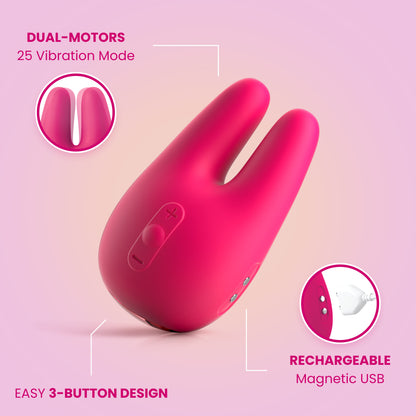 The JIMMYJANE® Form 2® Pro is a pink dual-motor vibrator with a 3-button design, delivering powerful clitoral stimulation and USB rechargeability, pictured on a pink background with feature highlights.