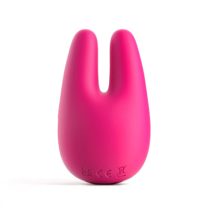 The JIMMYJANE® Form 2® Pro is a bright pink, silicone, dual-motor personal massager with two prongs that stands upright on a white background and provides powerful clitoral stimulation.