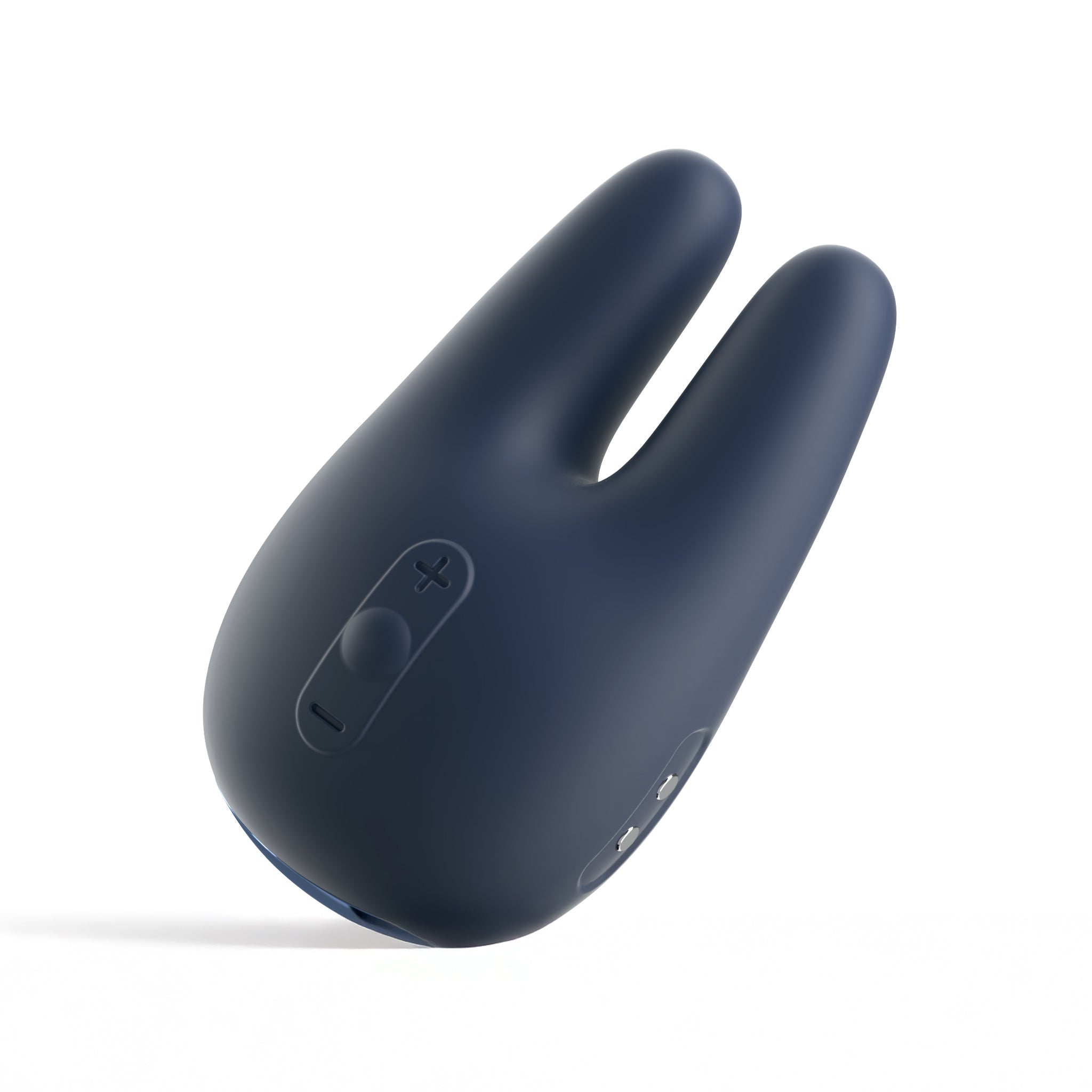 The JIMMYJANE® Form 2® Pro is a navy blue silicone vibrator with dual motors, two flexible prongs, and control buttons on its surface for enhanced clitoral stimulation, shown isolated on white.