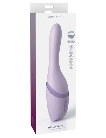 The JIMMYJANE® Hello Bang™ personal massager in packaging, showcasing strong vibration settings and a rechargeable battery as key features on the box.