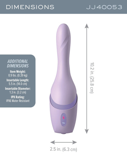 The JIMMYJANE® Hello Bang™ is a lavender silicone thruster with a rounded tip, vibration, and rechargeable battery. Dimensions: 10.2 in. tall by 2.5 in. wide, shown with measurement labels.