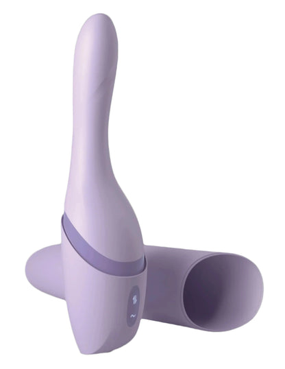 The JIMMYJANE® Hello Bang™ is a light purple silicone personal massager with a curved tip and cylindrical cover, offering powerful vibration and a rechargeable battery, displayed on a white background.
