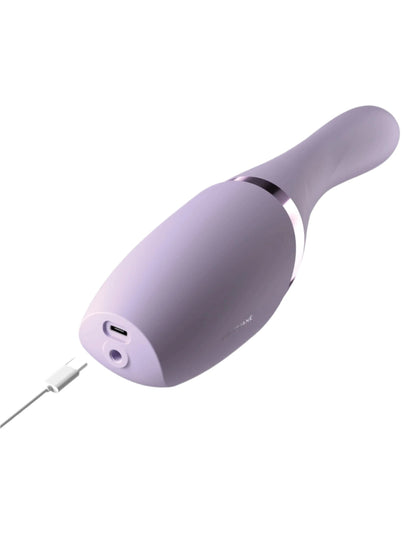 The JIMMYJANE® Hello Bang™ is a lavender personal massager with a rechargeable battery, USB charging port, and includes a cable—shown on a white background.