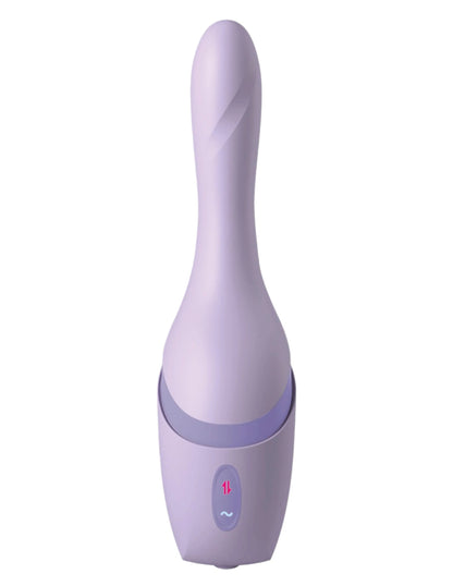 The Hello Bang™ by JIMMYJANE® is a modern, lavender personal massager with a curved design, digital base display, powerful vibrations, and a rechargeable battery for easy use.