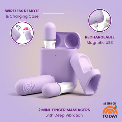 Two Hello Touch® Pro purple finger vibrators by JIMMYJANE®, featuring an ergonomic design, rechargeable travel case, remote, and USB cable, are displayed on a lavender background.