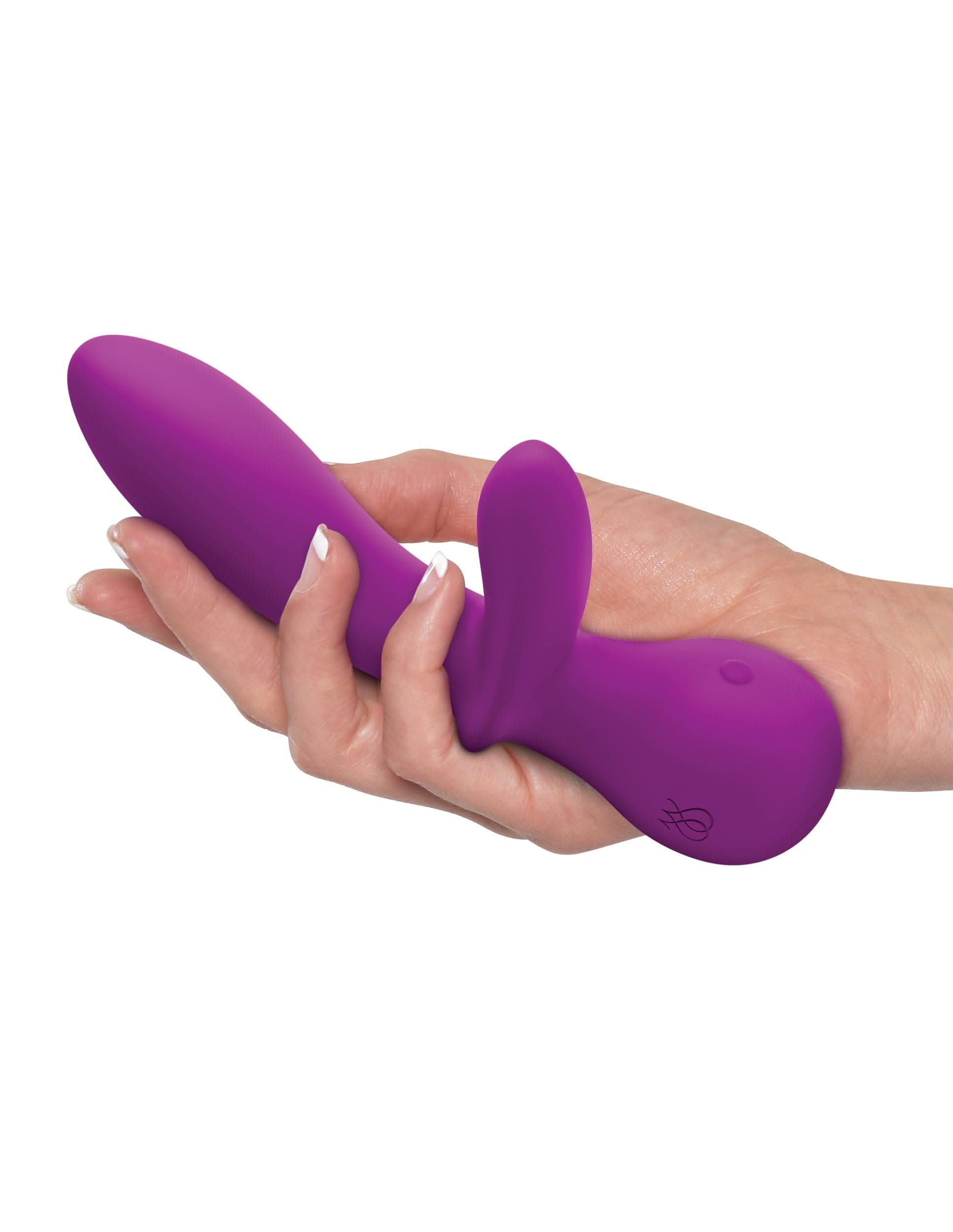 A hand holds the JIMMYJANE® G Rabbit, a purple silicone vibrator featuring a curved shaft for G-spot stimulation and an external clitoral stimulator.
