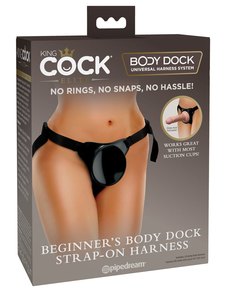 This is an image of The King Cock¬ Elite Beginner's Body Dock Strap-On Harness. . The patented* Beginner, Body Dock Strap-On Harness takes strap-on play to a whole new level! It is as simple as attaching your favorite King Cock Elite silicone dildo (or any dildo/ vibrator with a suction cup**) to the suction dock. 