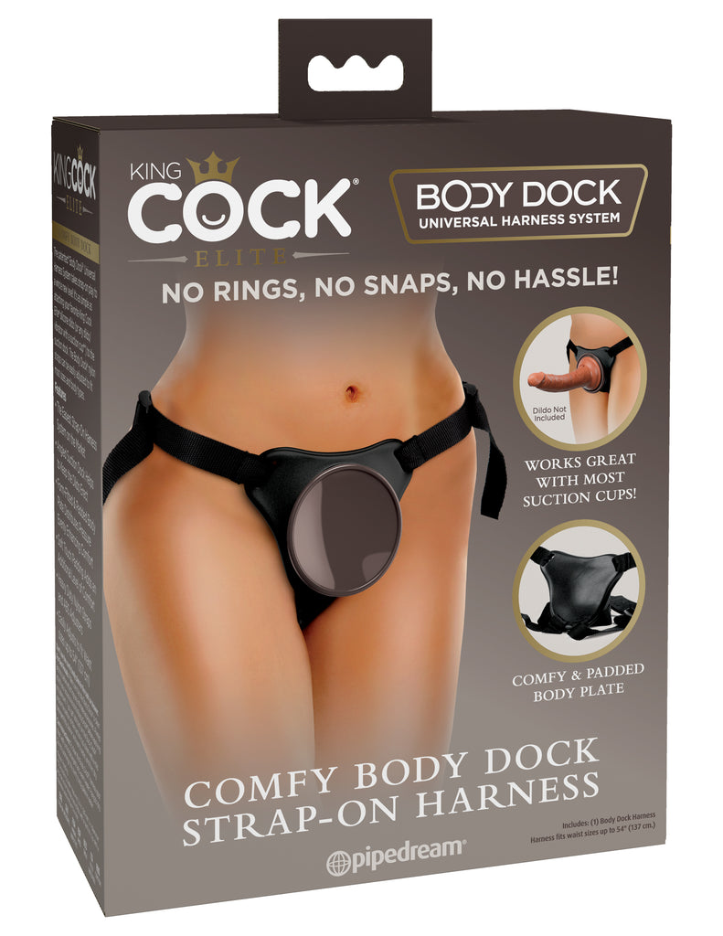 This is an image of The King Cock¬ Elite Comfy Body Dock Strap-On Harness. . The patented Comfy Strap-On Harness takes strap-on play to a whole new level! It is as simple as attaching your favorite King Cock Elite silicone dildo (or any dildo/ vibrator with a suction cup) to the suction dock.