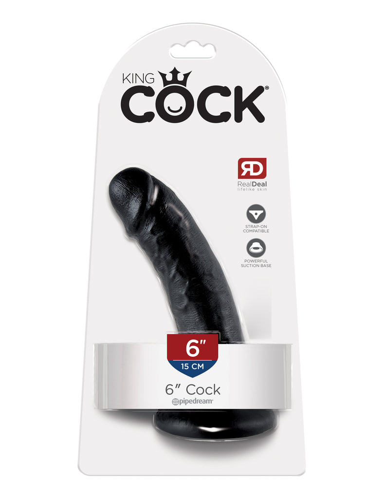 This is an image of The King Cock¬ 6" Cock - Black. . Do you want your first dildo to look and feel just like the rock-hard stud you've always fantasized about? Stop dreaming and get down with the King! Every vein, every shaft, and every head is carefully handcrafted with exquisite detail to give you the most realistic experience ever imagined.